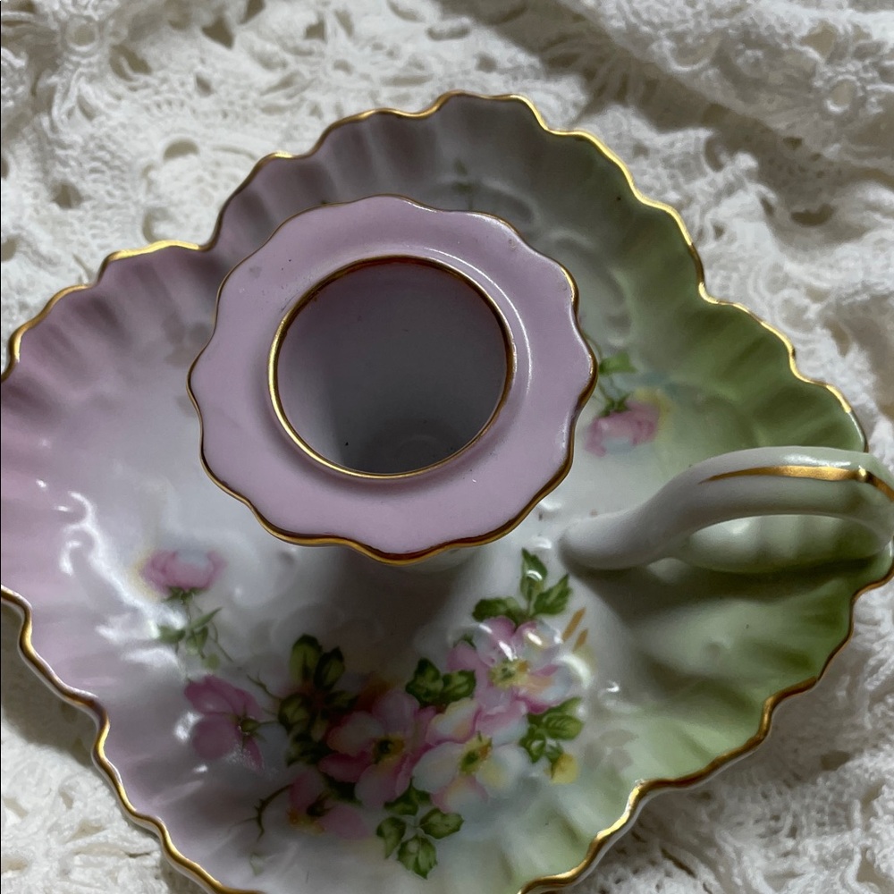 Nippon Hand Painted Porcelain Pink & Green Floral Chamberstick Candle Holder - Picture 6 of 7